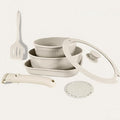 Nonstick Cookware Set with Detachable Handle 3 Pans Glass Lid Spatula Trivet Space-Saving Stackable Design (7pcs White)