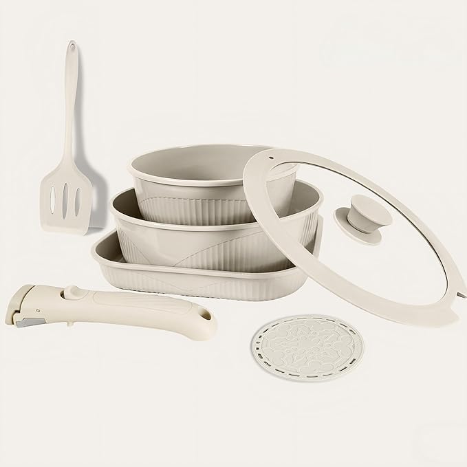 Nonstick Cookware Set with Detachable Handle 3 Pans Glass Lid Spatula Trivet Space-Saving Stackable Design (7pcs White)