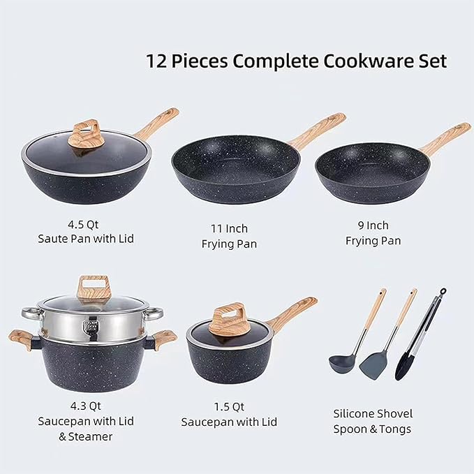 12Pcs Pots and Pans Set Dishwasher Safe with Lids Induction Kitchen Cookware Sets Non Stick with Removable Handle Granite Induction Cooking Set Oven SafeBlack