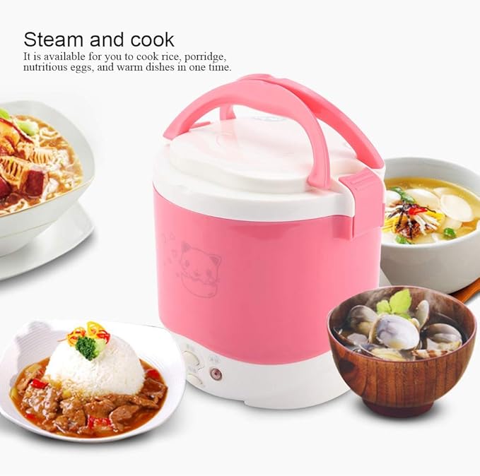 Small Rice Cooker Portable Multifunctional Rice Cooker Food Automatic 12V Electric Lunch Box on Stick Pot for Car Travel Camping (Pink)(Pink)