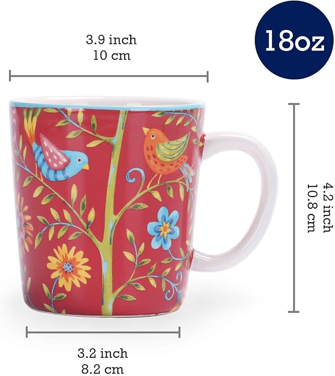 Bico Red Spring Bird Ceramic 16 pcs Dinnerware Set Service for 4 Inclusive of 11 inch Dinner Plates 8.75 inch Salad Plates 35oz Dinner Bowls and Mugs for Party Microwave &amp Dishwasher Safe