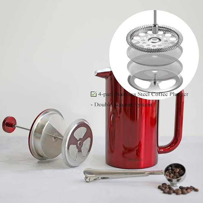 8-Cup Double Wall Insulated Stainless Steel French Coffee Press 32-Ounce Durable Coffee Tea Maker with Stainless Steel Plunger Red
