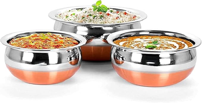 3 pcs Piece Handi Set with lid Cooking Serving Bowl Cookware Set of 3 Pieces with lid Size: 1.600 L 1.200 L 0.850 L (Copper)