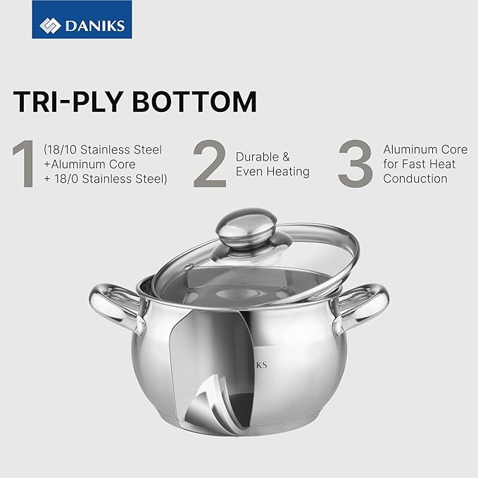 Daniks Classic 6-Piece Stainless Steel Cookware Set with Glass Lids Tri-Ply Bases for Even Heating Induction Compatible Dishwasher Safe