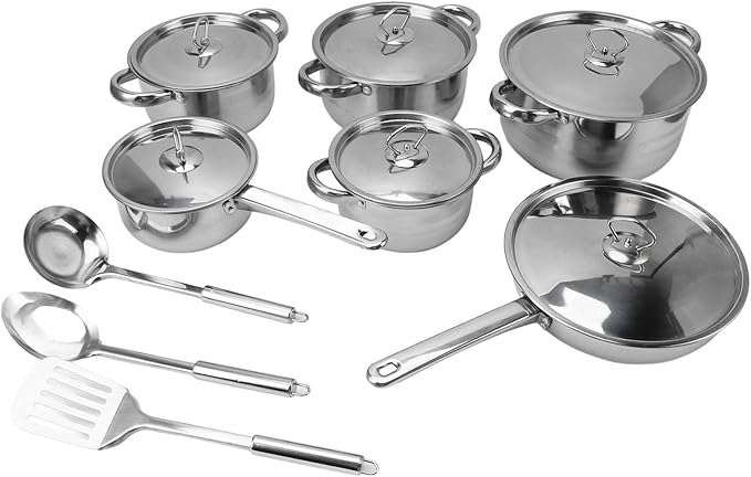 Srliya Stainless Steel Cookware Set with Pots Saute Pans &amp Lids Complete Kitchen Cooking Set for Home Use