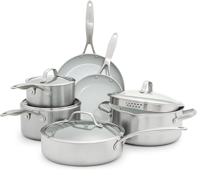 GreenPan Venice Pro 10 Piece Cookware Set Stainless Steel Non-Toxic PFAS-Free with Ceramic Nonstick Coating Induction Suitable Glass Lids Multi Clad Dishwasher &amp Oven Safe Silver