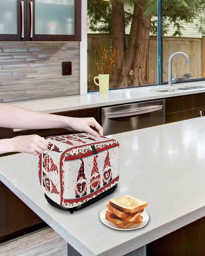 Toaster Dust Cover for Kitchen 4 Slice Happy Valentine's Day Gnomes with Love Heart Bread Maker Covers Toasters for Fingerprint Protector Washable Small Appliance Covers Accessories (12x11x8in)