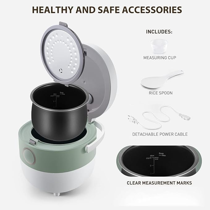 Bear Rice Cooker 3 Cups (Uncooked) 3D Heating and Fuzzy Logic Healthy Nonstick Small Rice Cooker PFAS-Free Touch-Screen for White/Brown Rice Quinoa Oatmeal Soup