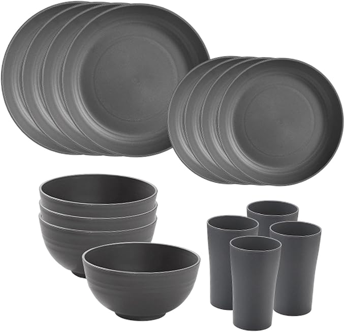 Dinnerware Sets Bowls Minimalist for 4 Matte Round Dinner Plates Unbreakable for RV Outdoor Camping Kitchen Home Party Gray