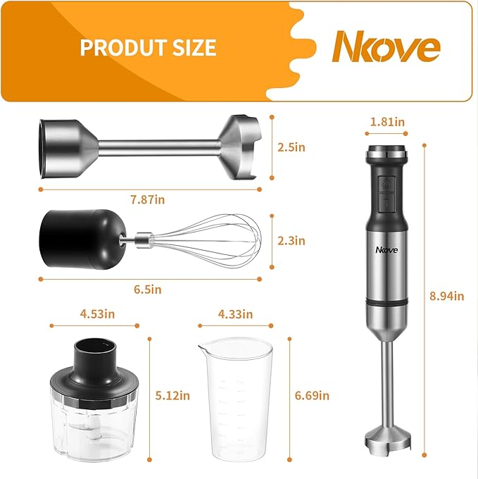 Immersion Blender Handheld Corded Hand Blenders 5 in 1 Set 800W Stainless Steel Stick Blender Turbo Mode with 600 ml Mixing Beaker with Lid 400 ml Chopper Whisk Milk Frother BPA-Free