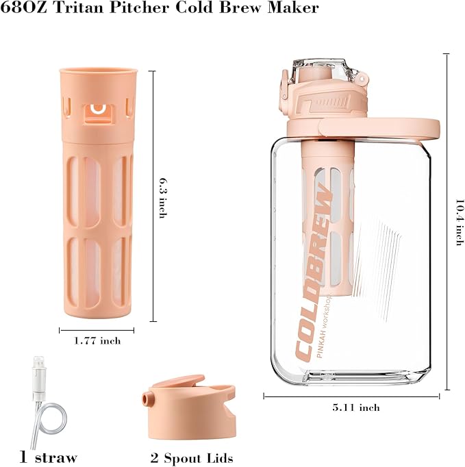 Cold Brew Coffee Maker 68oz Iced Coffee Tritan Pitcher with Filter 2 Pour Spout Lids For Airtight &amp Leak-Proof Coffee Barrel(Black)