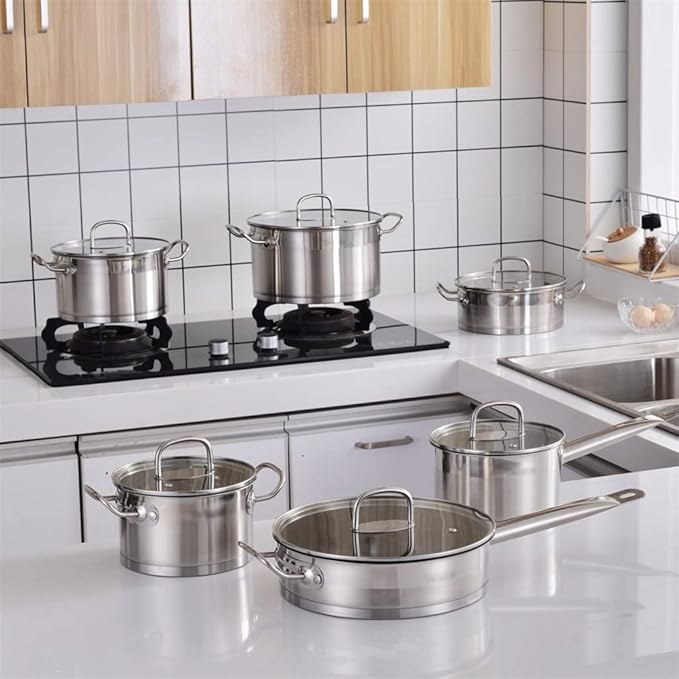 Solid Stainless Steel Kitchen Cookware Set 12 Piece Pan Set Nonstick Skillet Casserole with Glass Lid