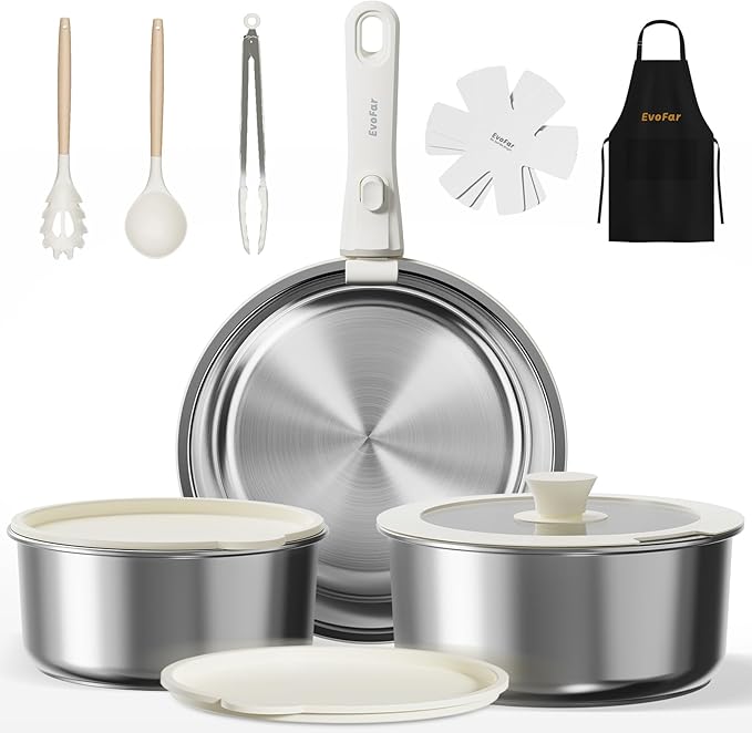 14 pcs Stainless Steel Cookware Set Detachable Pots and Pans Set with Removable Handle Non Toxic Space Saving RV Camping Cookware Set Induction Cookware Dishwasher &amp Oven Safe