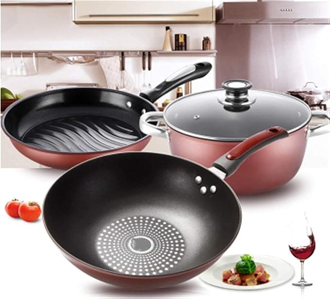3pcs Cookware Set Household Non-Stick Pan Suit Pot Wok Frying Pan Milk Pot Gift Induction Cooker Universal Stove