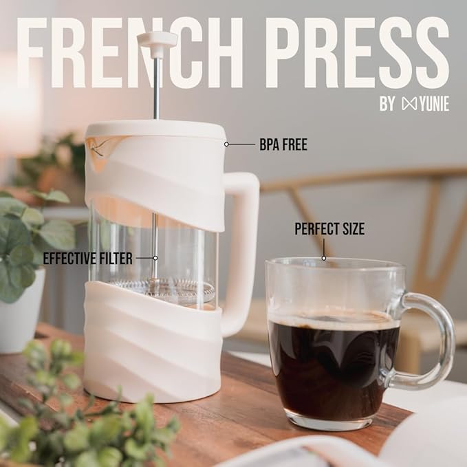 ANGORA BRANDS French Press Coffee Maker - 34 oz French Coffee Press - Brew Rich Coffee and Tea Anywhere - Portable Coffee Maker for Kitchen Travel and Camping - French Press by Yunie (White)