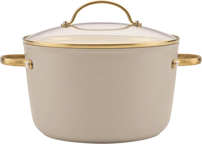 Farberware Forged Induction Ceramic Nonstick Pots and Pans Set with Cooking Tools Dishwasher Safe Gold Color Stainless Steel Handles 12 Piece Cookware Set - Taupe