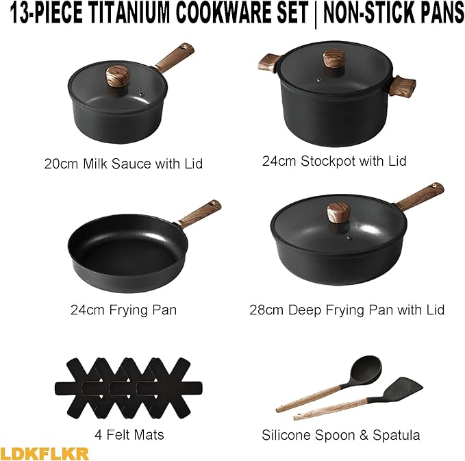 Non-Stick Titanium Cookware Set Multi-Functional Frying Pans Sauce Pans with Lids Cooking Pot Sets Pots and Pans Set with All Stovetops for Boiling/Stir-Frying/Stewing13Piece