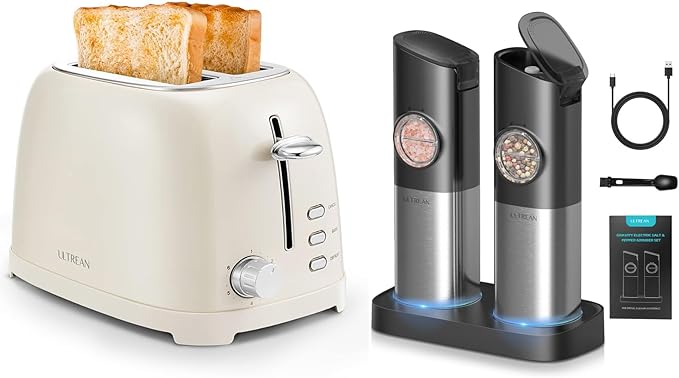 Ultrean 2 Slice Toaster &amp Rechargeable Electric Salt and Pepper Grinder Set