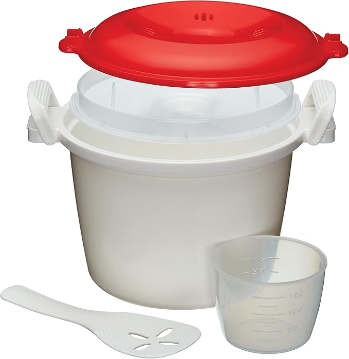 KitchenCraft Rice Cooker - Microwave Steamer BPA Free Plastic 1.5 Litre White/Red