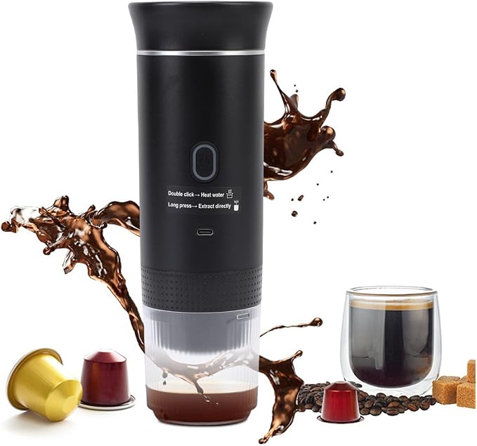 AUNMAS Automatic Portable Coffee Maker Electric Machine Mini Travel Coffee Maker with USB C Charging 20 Bar Pressure for Camping RV Office Travel (black)