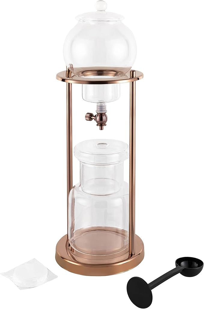 Cold Brew Coffee Maker 600ml/20.3Oz Iced Coffee Maker Machine Slow Drip Tower Stainless Steel Ice Dripper Coffee Maker Machine with Measuring Spoon 6-8 Cups for Home Office Cafes (Gold)