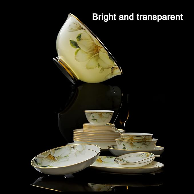 60 Pieces Dinnerware Set Porcelain Bone China Kitchen Dinner Set with Cereal Bowls Dessert Plates Soup Plates Fish Plate Dishes and Soup Pot Service for 10 People Dishwasher and Microwave Safe