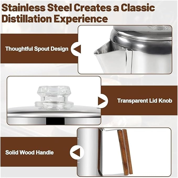 Mocha For Home And Camping 6 Cup Percolator 304 Stainless Steel Coffee Pot Coffee Maker With Handle Stovetop 1000Ml