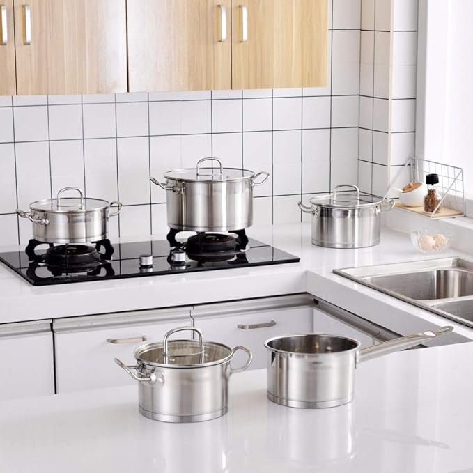 Kitchen Cookware Set 9 Piece Stainless Steel Cooking Pot &amp Pan Sets Induction Safe Saucepan Casserolewith Glass lid