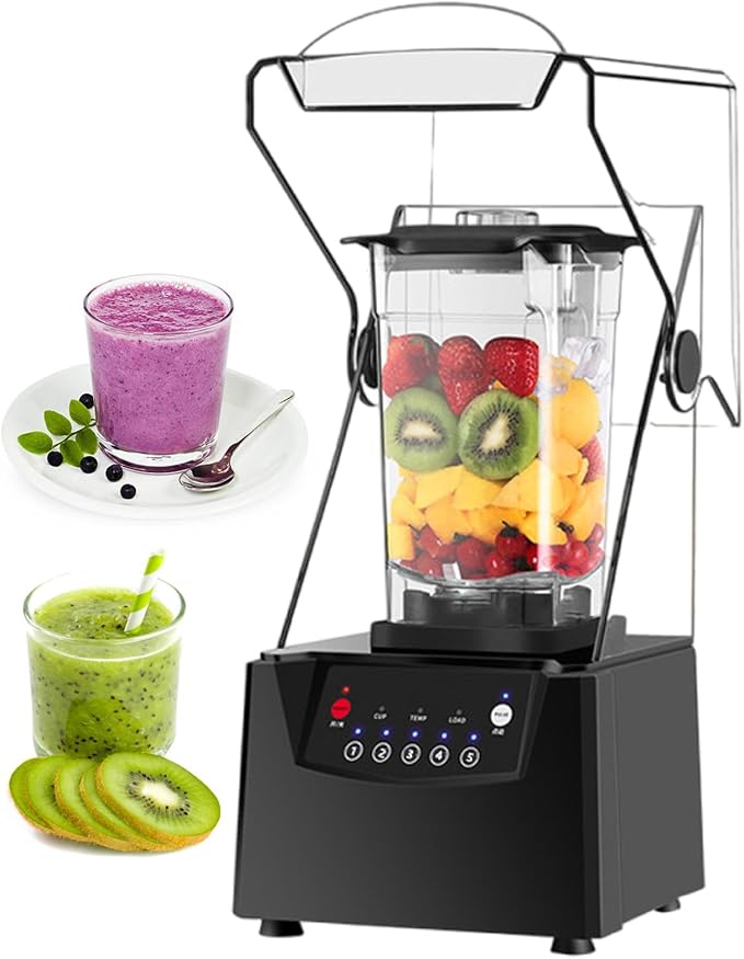 Professional Commercial Smoothie Blender with Shield Quiet Sound Enclosure 5 Preset Settings Electric Ice Crusher with 1.8 L Capacity Cup 17000 Rpm for Dessert Shop/Bar