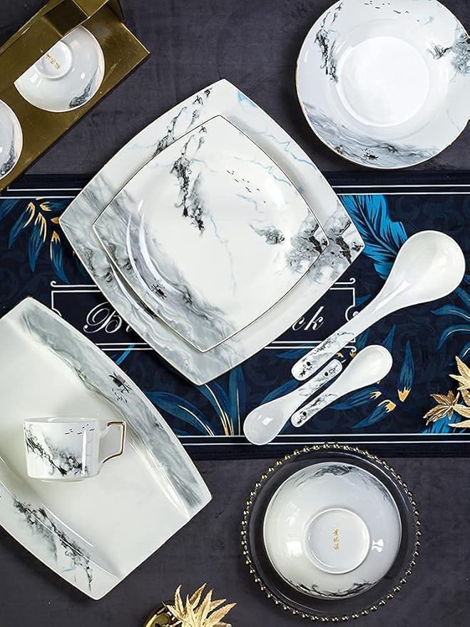 Dinnerware Set Dinner Party Tableware Service Set 38/70 Pieces Chinese Dinnerware Set Ceramic Marble Pattern Tableware Gift Service for 6-10 PeopleOne Color-70pieces