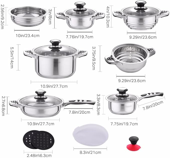 Cooking Pot Frying Pan16 Piece Stainless Steel Cookware Set and Pan Set Induction Included Pot Salad Bowl (