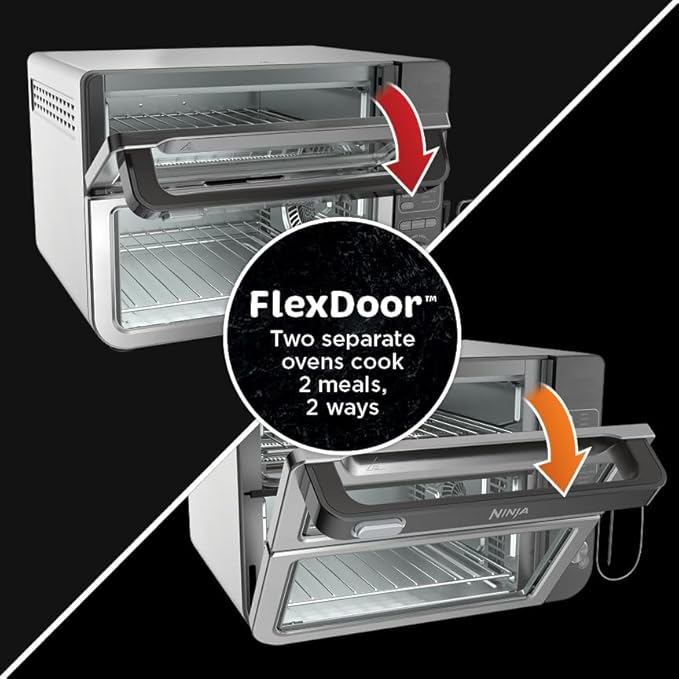 Ninja DCT451 12-in-1 Smart Double Oven with FlexDoor Thermometer FlavorSeal Smart Finish Rapid Top Convection and Air Fry Bottom  Stainless Steel