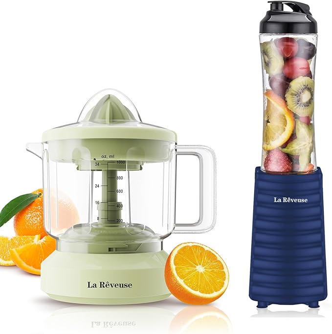 La Reveuse 300W Personal Size Blender (Navy) + La Reveuse 34 oz Electric Citrus Juicer
