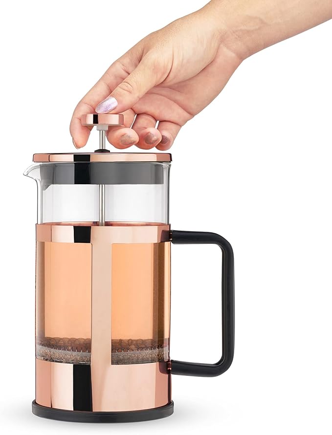 Pinky Up Piper Tea Press Pot Coffee Maker French Press for Loose Leaf Tea and Coffee Hot or Iced Beverage Brewer 34 oz Rose Gold