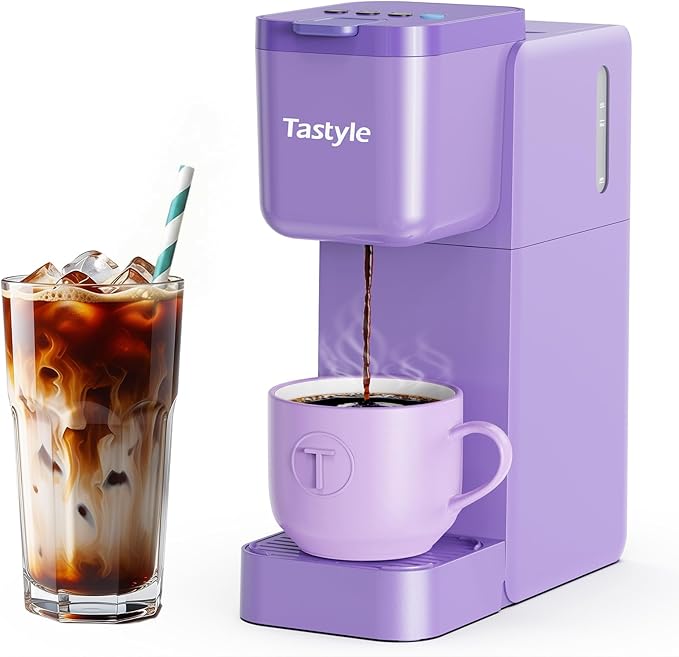Single Serve Coffee Maker Hot and Iced with Bold Brew Small Coffee Machine for K Cup and Ground Fits 7.3'' Travel Mug Brews up to 16 Oz 5 Cup Sizes Compact for Office RV&amp Hotel Lavender