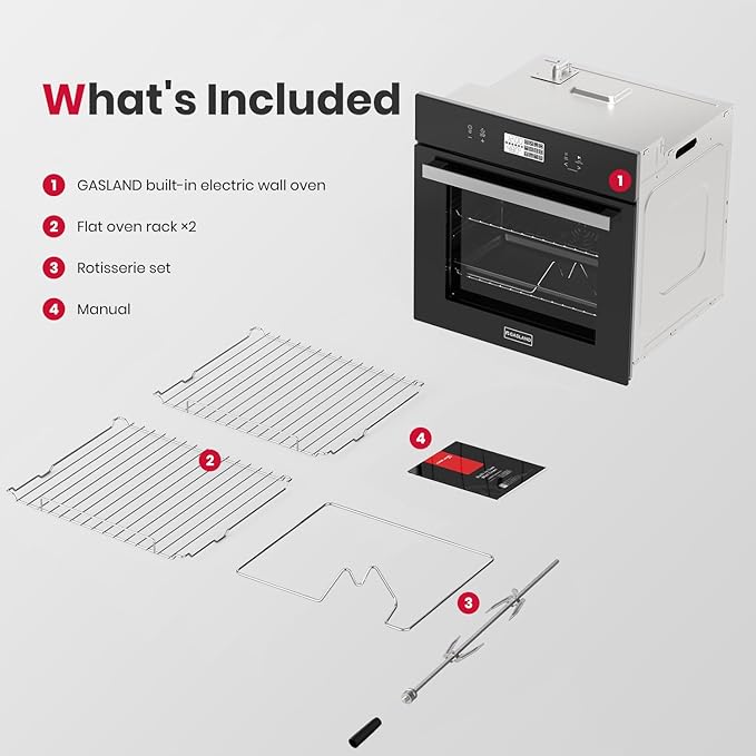 24 Inch Electric Wall Oven ETL Certified GASLAND 2.6 Cu.ft Built-in Single Wall Oven 12 Cooking Functions 3D Heating Convection Oven with Rotisserie Touch Control Safety Lock Black