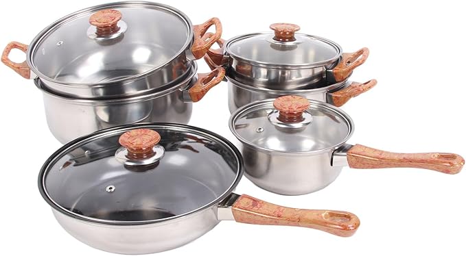 Stainless Steel Cookware Set Pots Pans Set Glass Phenolic Plastic with Ergonomic Handle Kitchen Cookware Set for Soup