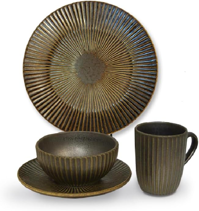 Artesa Organics Shell Café Ceramic Dinnerware Set Handmade 4-Piece Place Setting – Plate Bowl Mug – Black Metallic Artisan Design
