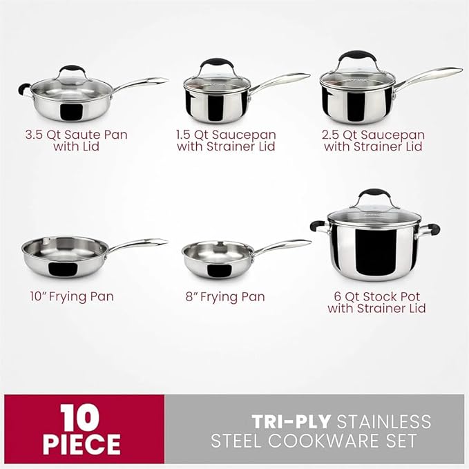 10 Stainless Steel Cookware Set Pots and Pans Set Kitchen Essentials for Cooking Multi Ply Body Stainless10 PcOne