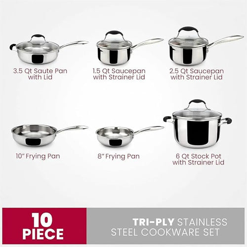 10 Stainless Steel Cookware Set Pots and Pans Set Kitchen Essentials for Cooking Multi Ply Body Stainless10 PcOne