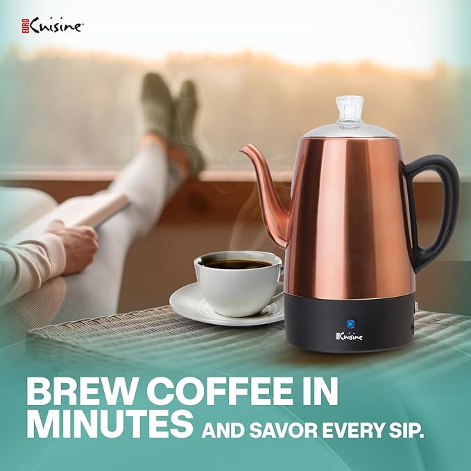 Euro Cuisine PER08 Stainless Steel Electric Coffee Percolator 8 Cup Polished Copper Finish Dripless Gooseneck Spout Clear Glass Knob Brewing Indication Keep-Warm Function Detachable Cord