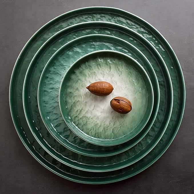 Ceramic Dinnerware Set 11 PCS White Gradient Porcelain Combination Bump Surface Design Green Plates Set for Family PartyGreen