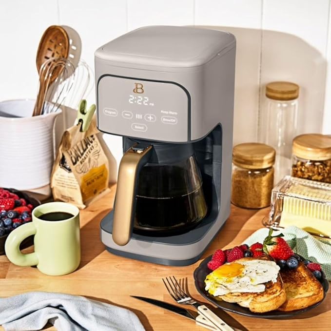 B- 12-Cup Programmable Coffee Maker with Touch-Activated Display Auto Brew Timer Reusable Filter &amp Large Glass Carafe (Porcini Taupe)