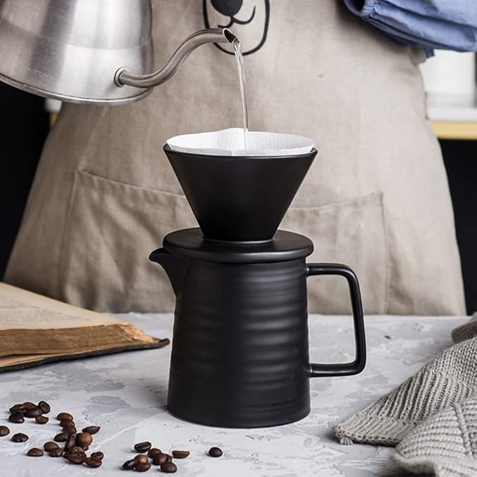 Ceramic Pour Over Coffee Maker SetPremium Black V60 Dripper and Hand Coffee Pot1-2 Cup Home Filter Coffee Maker-500ml