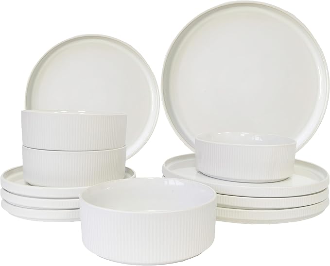 Dinnerware Sets 12 Pcs Ceramic Plates and Bowls Set for 4Stoneware Chip and Scratch Resistant Dish Set Microwave &amp Oven &amp Dishwasher Safe - Matte White