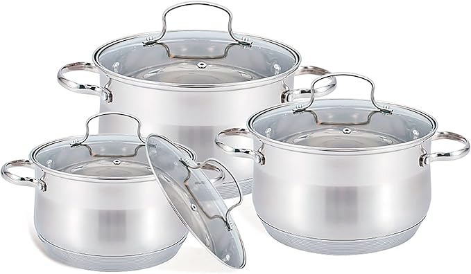 Maestro MR-3512-6M Stainless Steel Cookware Set 6 Pieces Induction 3 Saucepans 3 Glass Lids Suitable for All Types of Cookers Dishwasher Safe