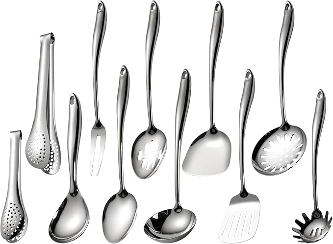 18/10 Stainless Steel Cooking Utensils Set 11 PCS Long Large Metal Cooking Utensil Tools Set Mirror Polished Kitchen Gadget Cookware and Kitchen Tool Set Dishwasher Safe