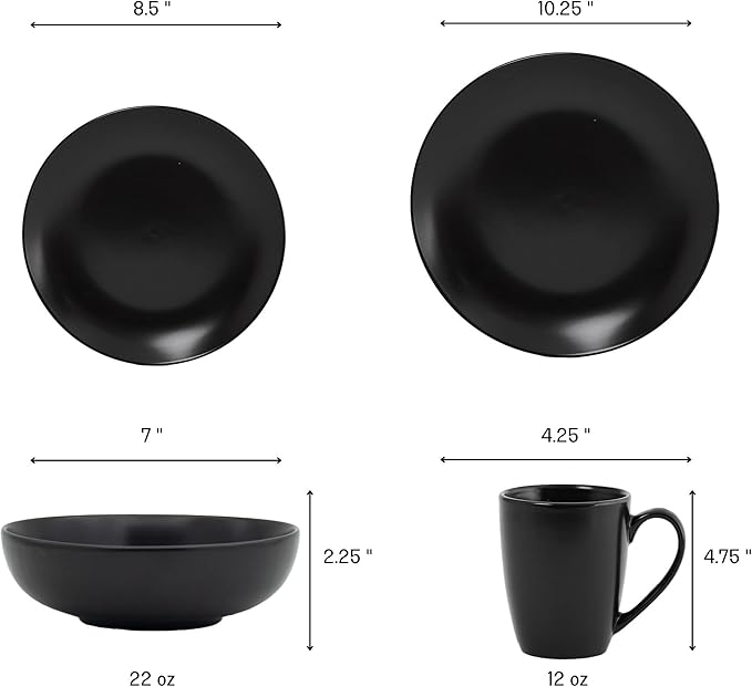 Euro Ceramica Euro Essential Collection 16 Piece Dinnerware Set Service for 4 Solid Semi-Matte Black