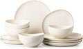 Stoneware Dinnerware Set for 4 12 Piece Plates and Bowls Set with Glazed RimChip &amp Scratch Resistant Plates Sets Dishwasher Microwave Safe Dishes (Light Beige)