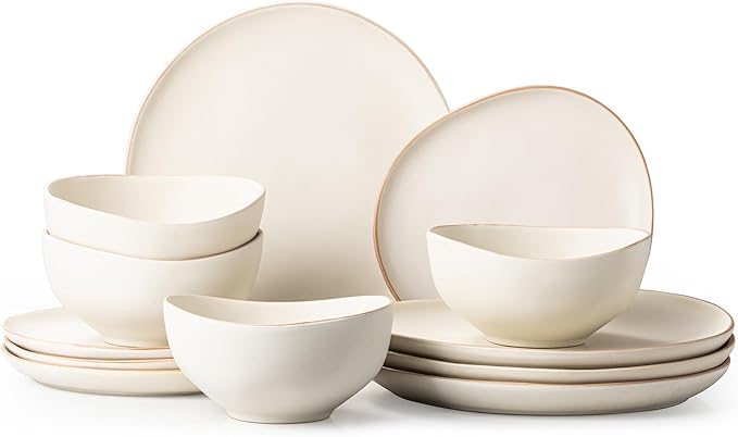 Stoneware Dinnerware Set for 4 12 Piece Plates and Bowls Set with Glazed RimChip &amp Scratch Resistant Plates Sets Dishwasher Microwave Safe Dishes (Light Beige)